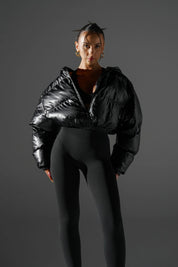 ‘VENOM’ Wet Look Cropped Puffer - Black