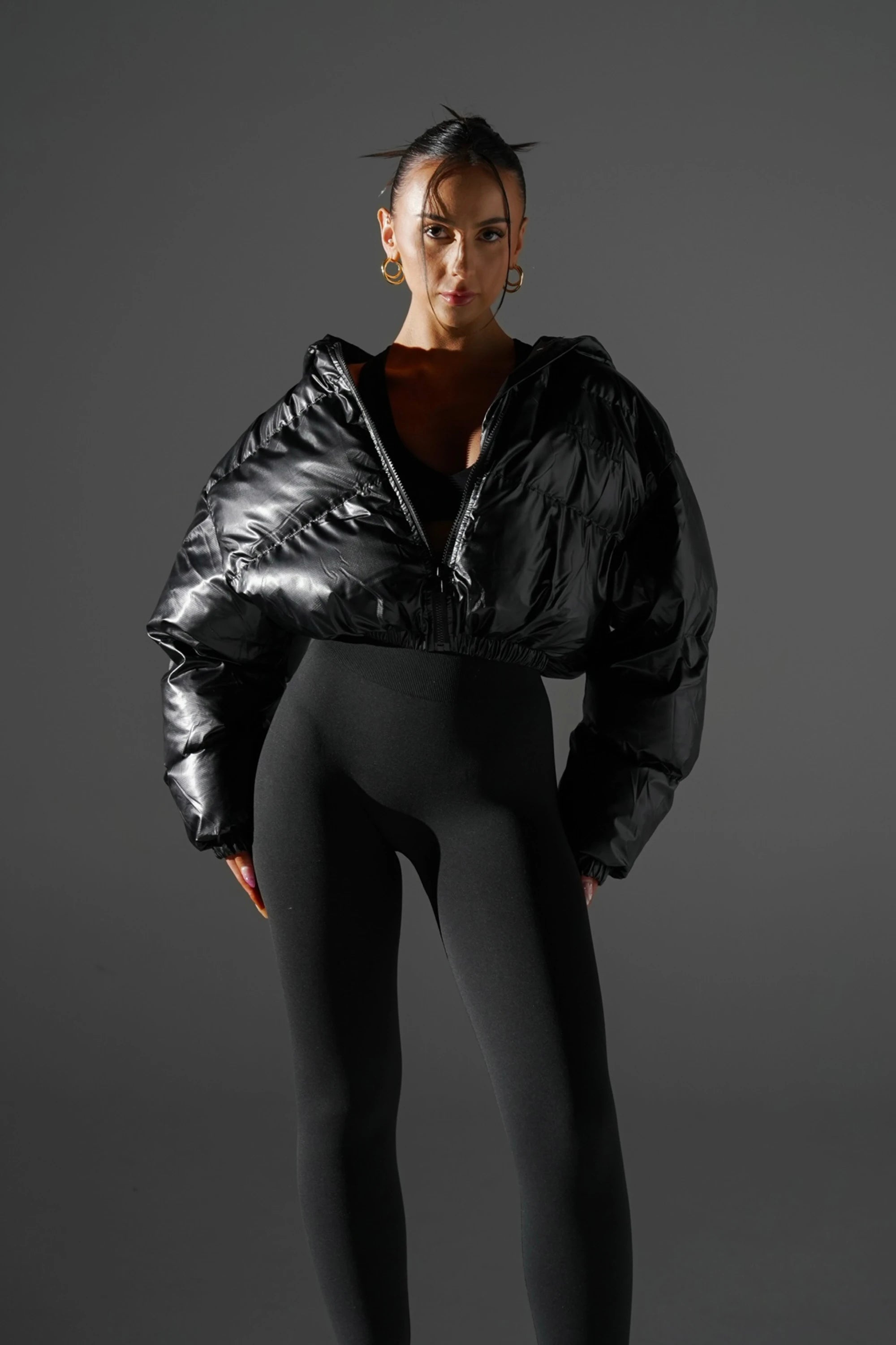 ‘VENOM’ Wet Look Cropped Puffer - Black