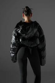 ‘VENOM’ Wet Look Cropped Puffer - Black