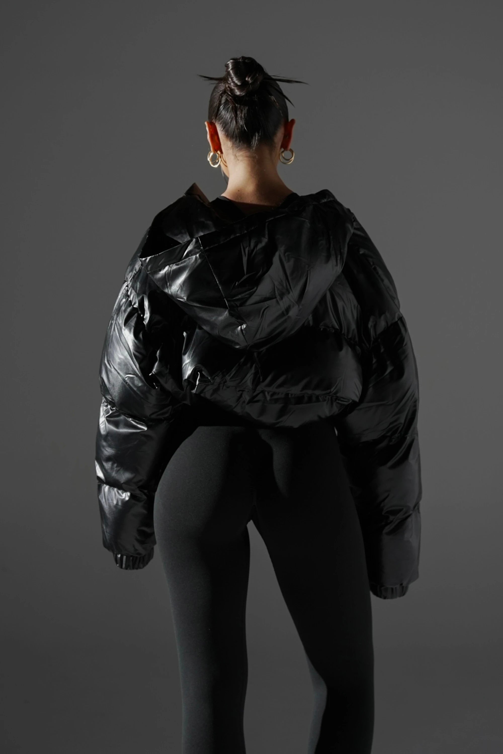 ‘VENOM’ Wet Look Cropped Puffer - Black