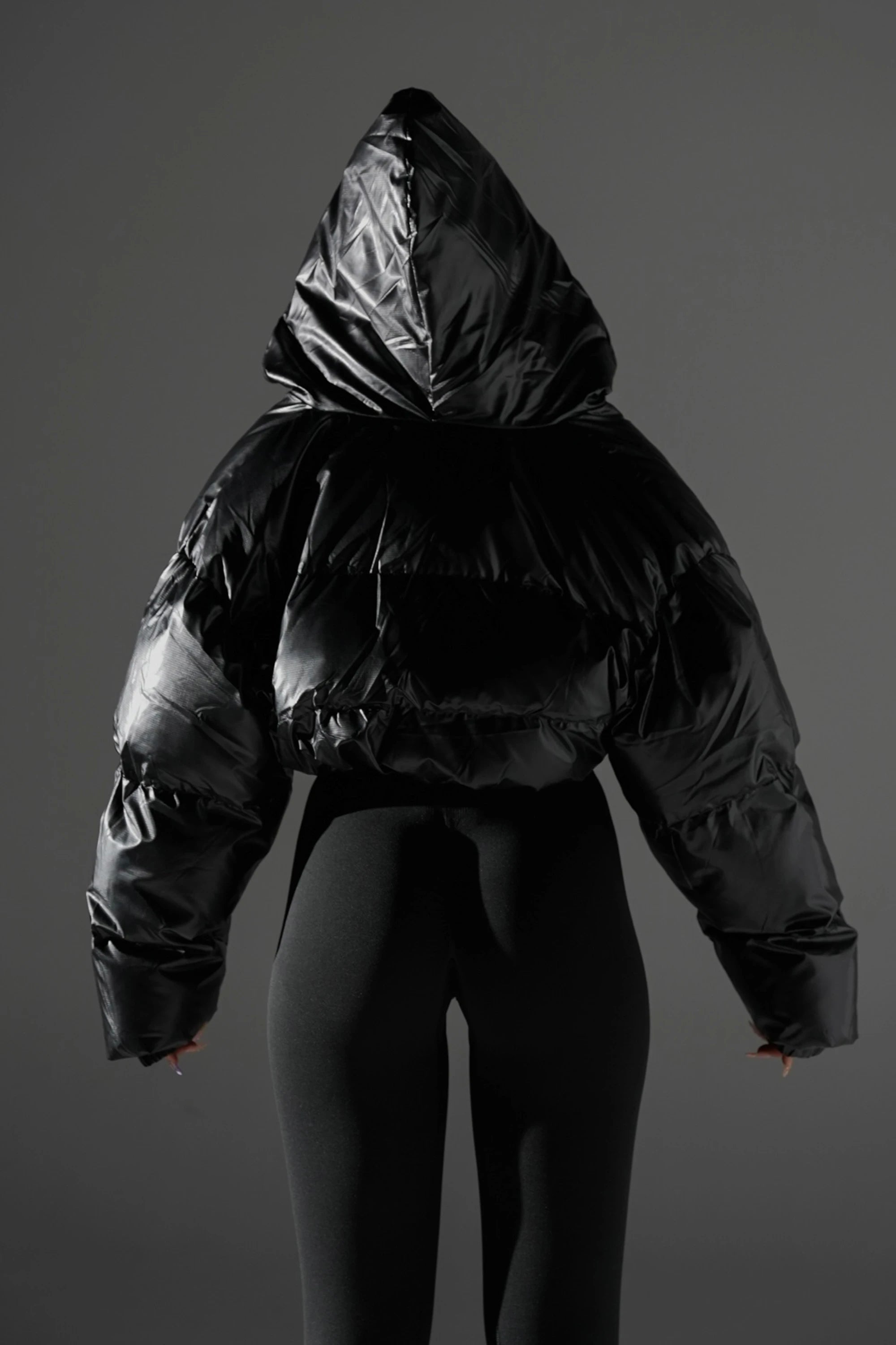 ‘VENOM’ Wet Look Cropped Puffer - Black