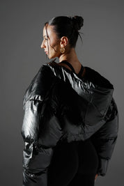 ‘VENOM’ Wet Look Cropped Puffer - Black