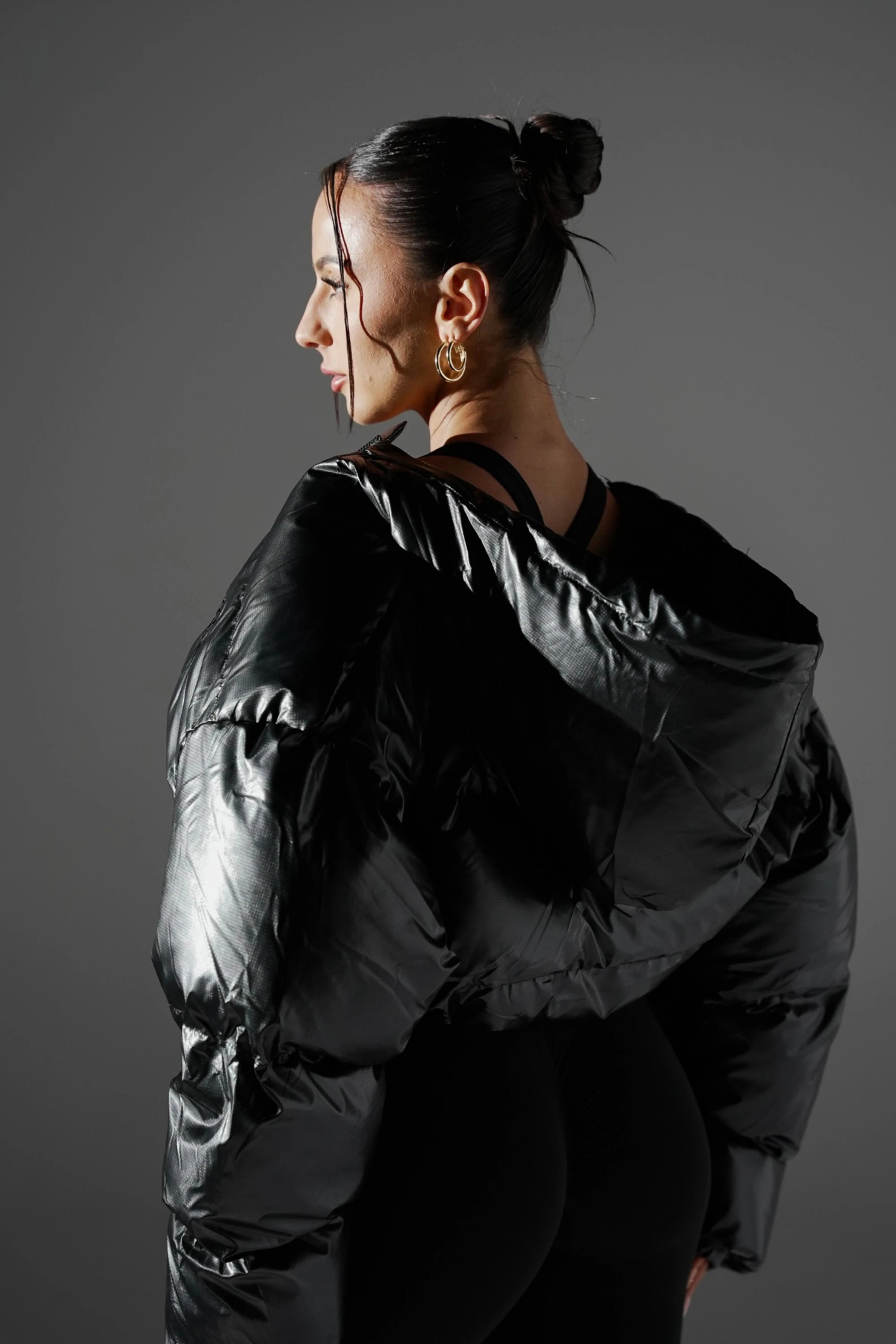 ‘VENOM’ Wet Look Cropped Puffer - Black